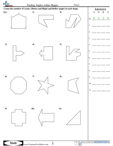 Angles Worksheets - Finding Angles within Shapes  worksheet